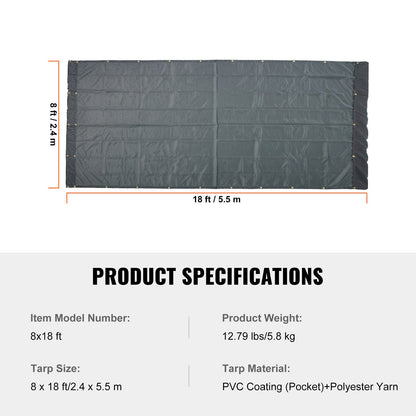 VEVOR Dump Truck Mesh Tarp, 8 x 18 ft, PVC Coated Black Heavy Duty Cover with 5.5"