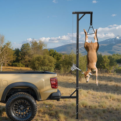 Truck Hitch Game Hoist, 600 lbs Load Capacity, Hunting Deer Hoist with 2-inch Receiver, 360-Degree Swivel Shaft & Adjust