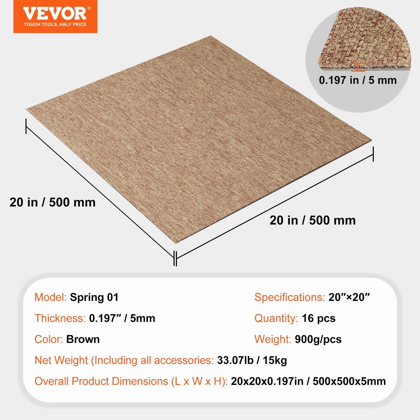 Reusable Carpet Tiles with Padding, 0.5x0.5m, Soft and Soundproof, 16 pcs, Dark Brown