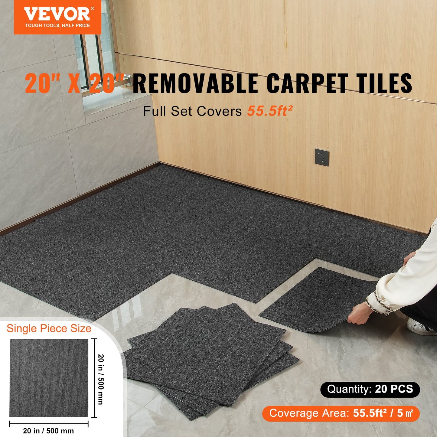 VEVOR Carpet Tiles Reusable, 20"x 20" Carpet Squares With Padding Attached, Soft