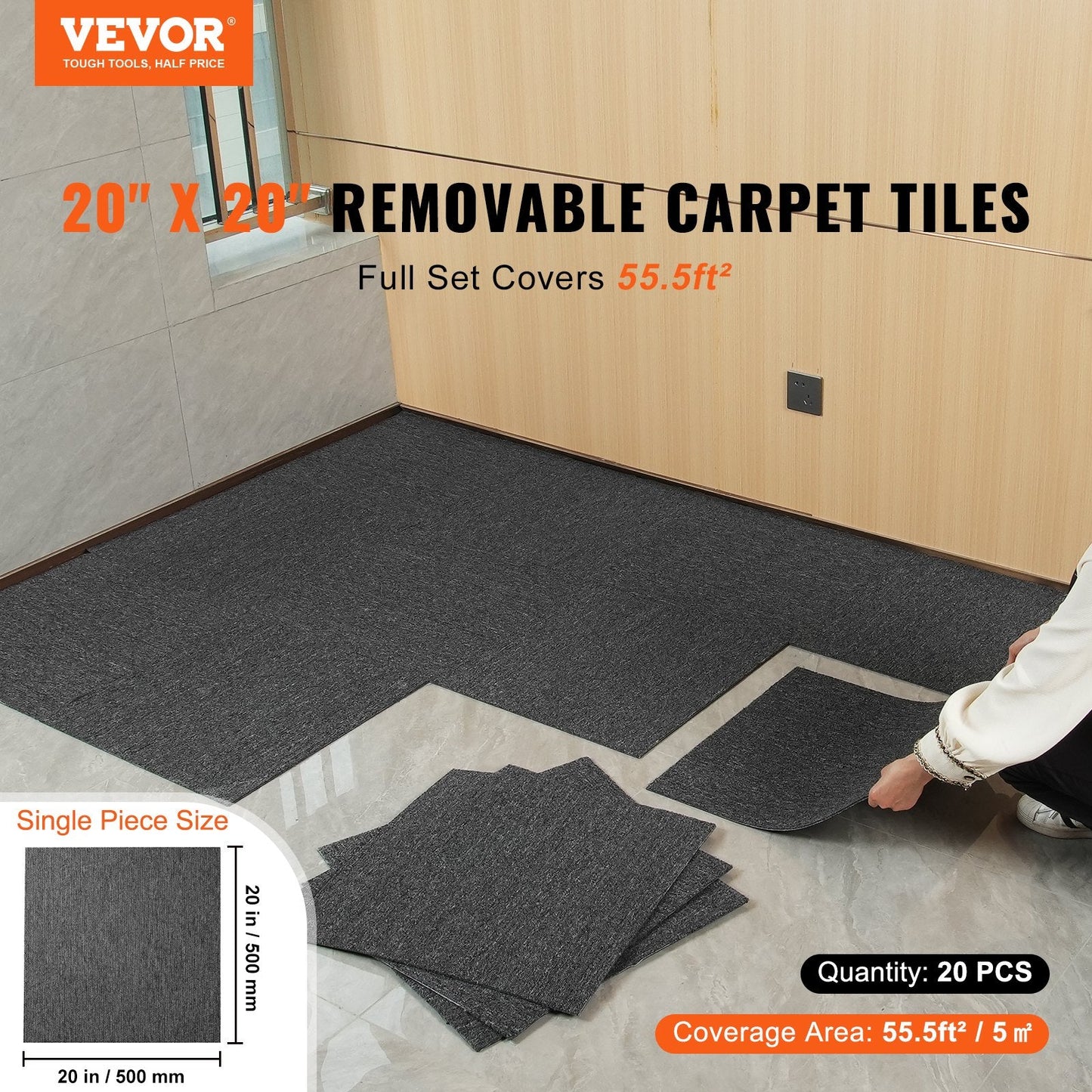 Reusable Carpet Tiles with Padding, 0.5m, Soundproof, Easy Install, Dark Gray