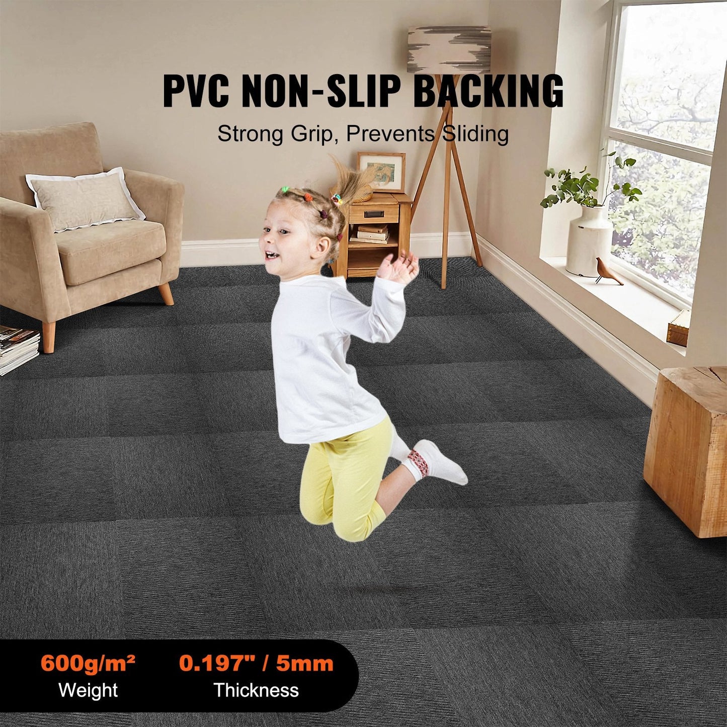 Reusable Carpet Tiles with Padding, 0.5m, Soundproof, Easy Install, Dark Gray