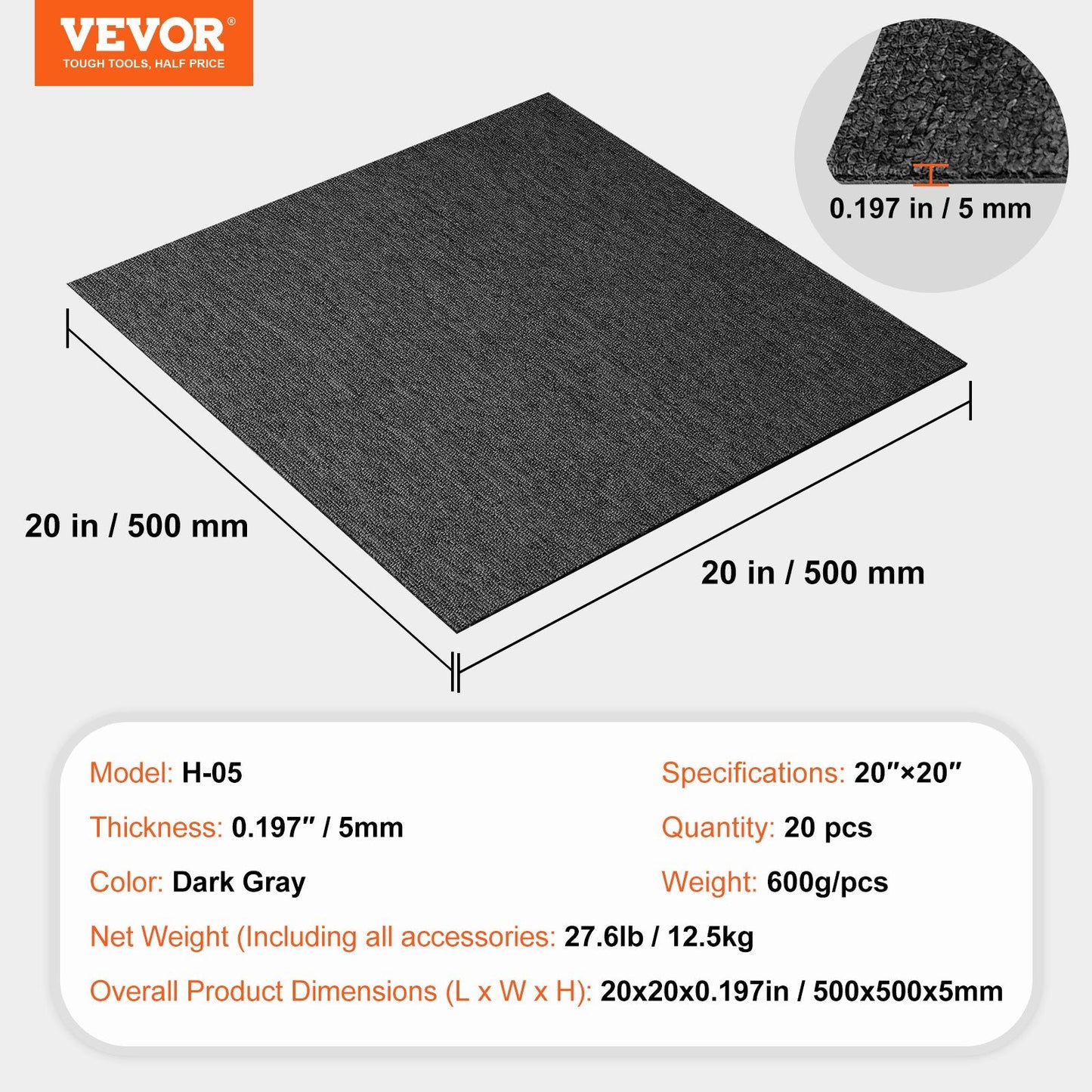 Reusable Carpet Tiles with Padding, 0.5m, Soundproof, Easy Install, Dark Gray