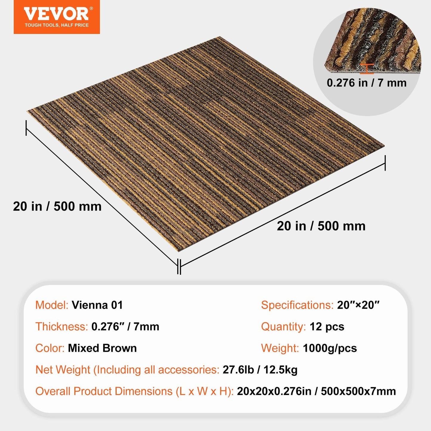Reusable Soft Carpet Tiles with Padding, 0.5m x 0.5m, Mixed Brown, 12-Pack