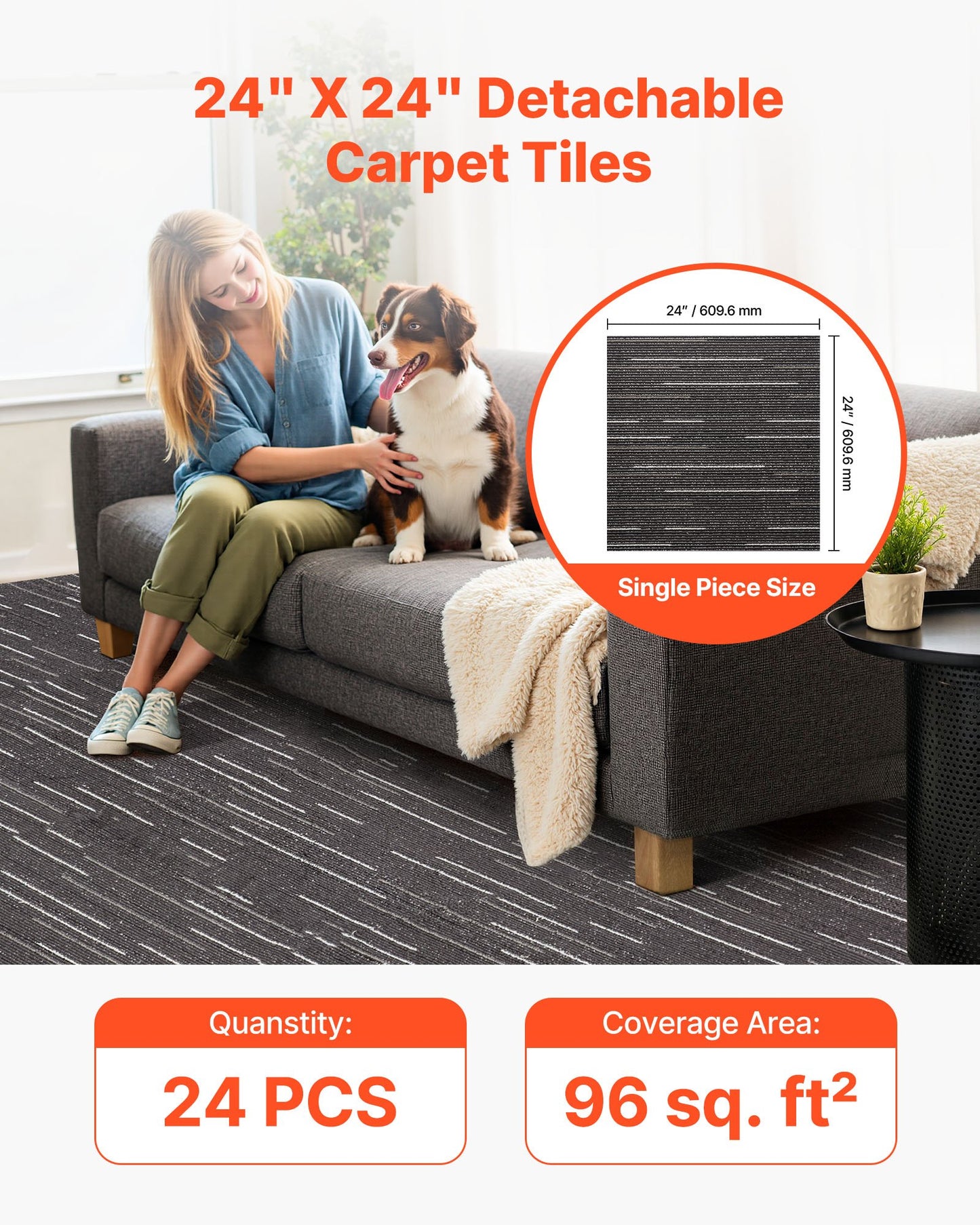 Carpet Tiles Reusable 610x610 mm, 24 PCS Modular Carpet Square Rug, Commercial Floor Soft Padded for Seamless Cover 8.9㎡, Easy DIY Replacement for Living Room Bedroom Office Indoor, Gray