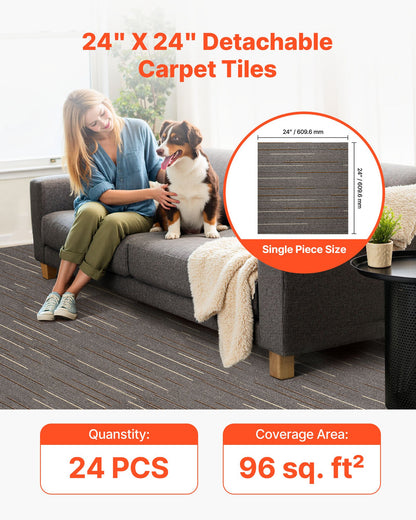 Carpet Tiles Reusable 610x610 mm, 24 PCS Modular Carpet Square Rug, Commercial Floor Soft Padded for Seamless Cover 8.9㎡, Easy DIY Replacement for Living Room Bedroom Office Indoor, Dark Brown