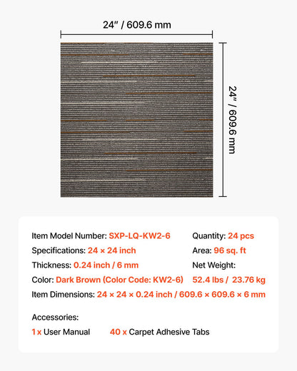 Carpet Tiles Reusable 610x610 mm, 24 PCS Modular Carpet Square Rug, Commercial Floor Soft Padded for Seamless Cover 8.9㎡, Easy DIY Replacement for Living Room Bedroom Office Indoor, Dark Brown