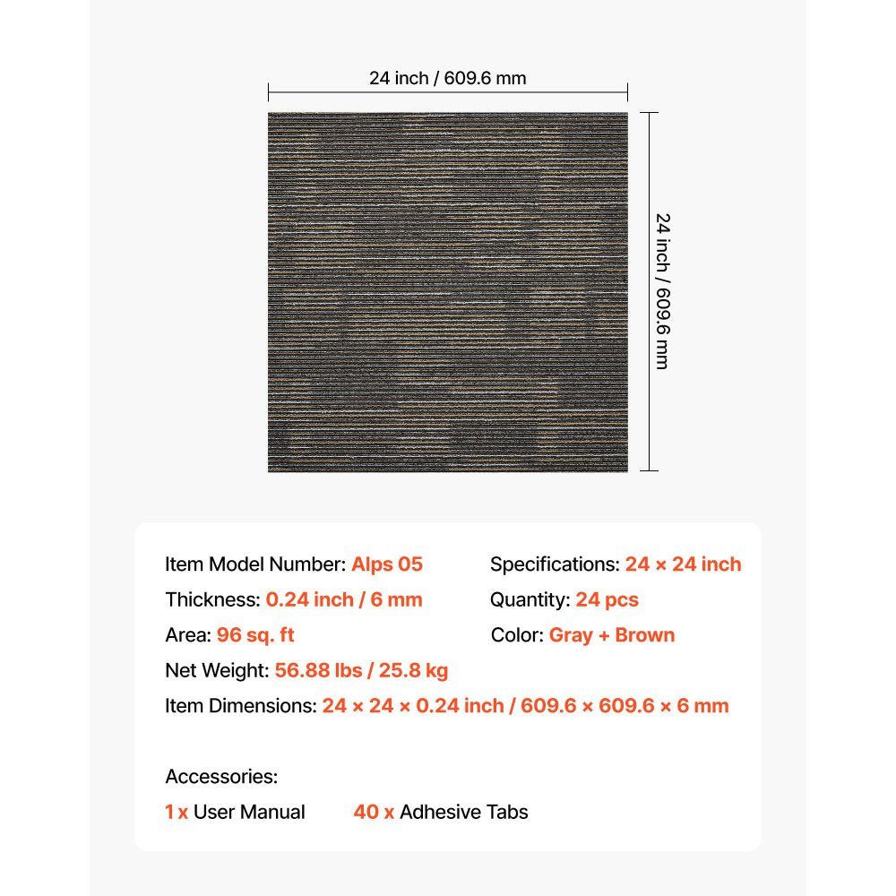Carpet Tiles Reusable 610x610 mm, 24 PCS Modular Carpet Square Rug, Commercial Floor Soft Padded for Seamless Cover 8.9㎡