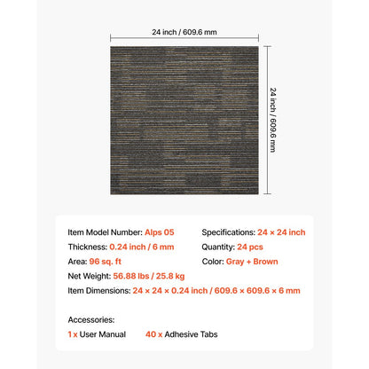 Carpet Tiles Reusable 610x610 mm, 24 PCS Modular Carpet Square Rug, Commercial Floor Soft Padded for Seamless Cover 8.9㎡