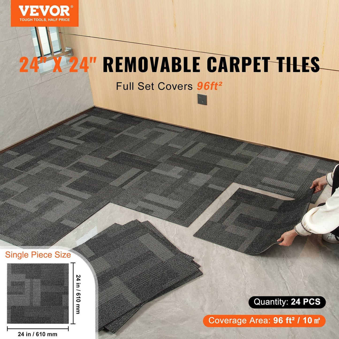 Reusable Carpet Squares with Padding, 0.61m x 0.61m, Mixed Gray, 24 Tiles Set