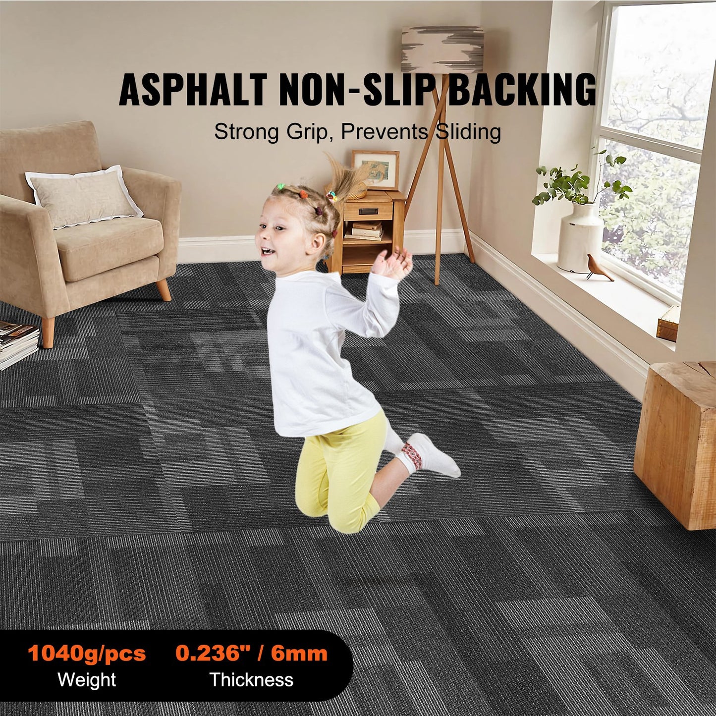 VEVOR Carpet Tiles Reusable, 24"x 24"Carpet Squares With Padding Attached, Soft