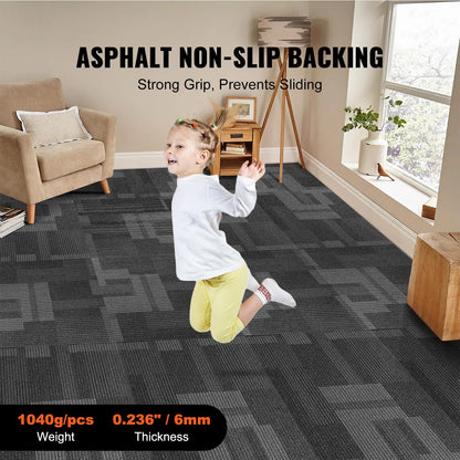 Reusable Carpet Squares with Padding, 0.61m x 0.61m, Mixed Gray, 24 Tiles Set