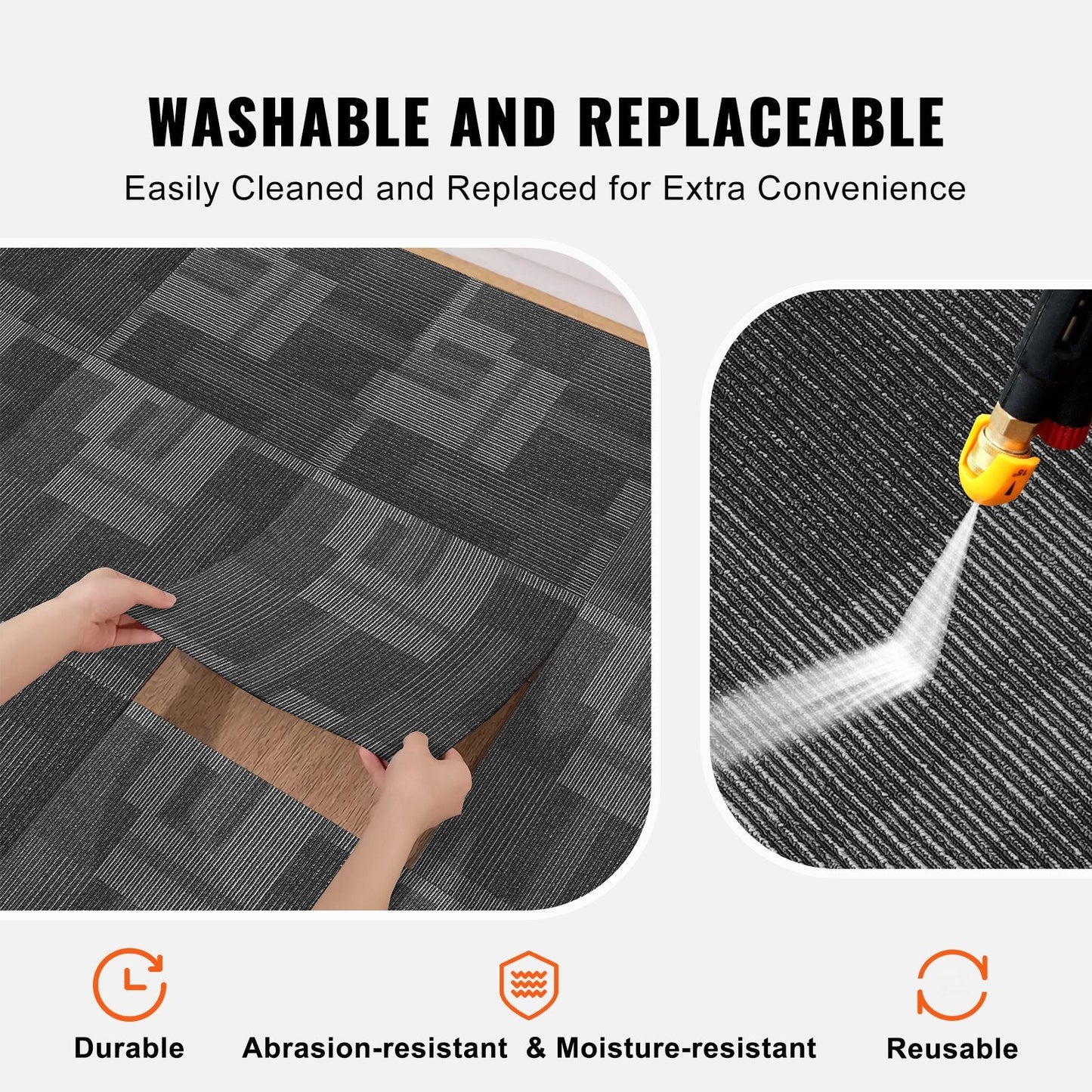 Reusable Carpet Squares with Padding, 0.61m x 0.61m, Mixed Gray, 24 Tiles Set