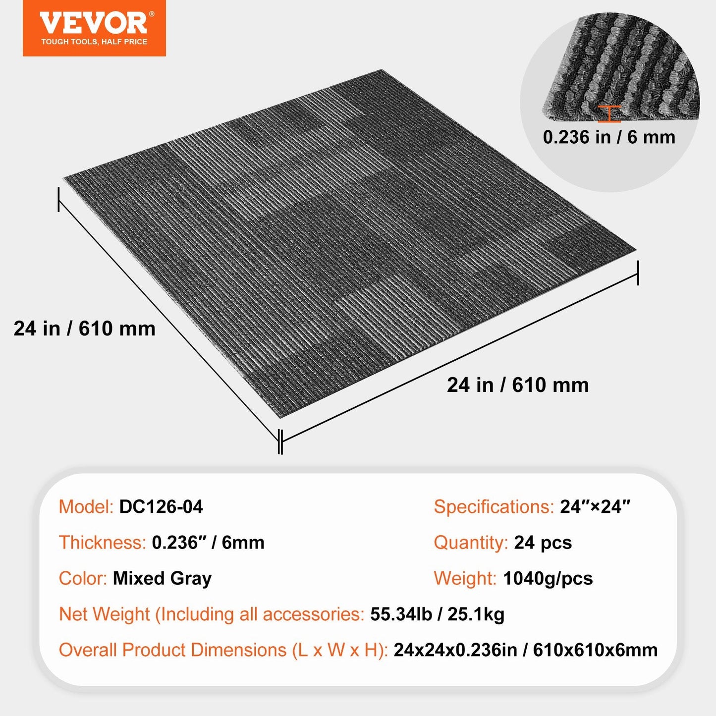 Reusable Carpet Squares with Padding, 0.61m x 0.61m, Mixed Gray, 24 Tiles Set