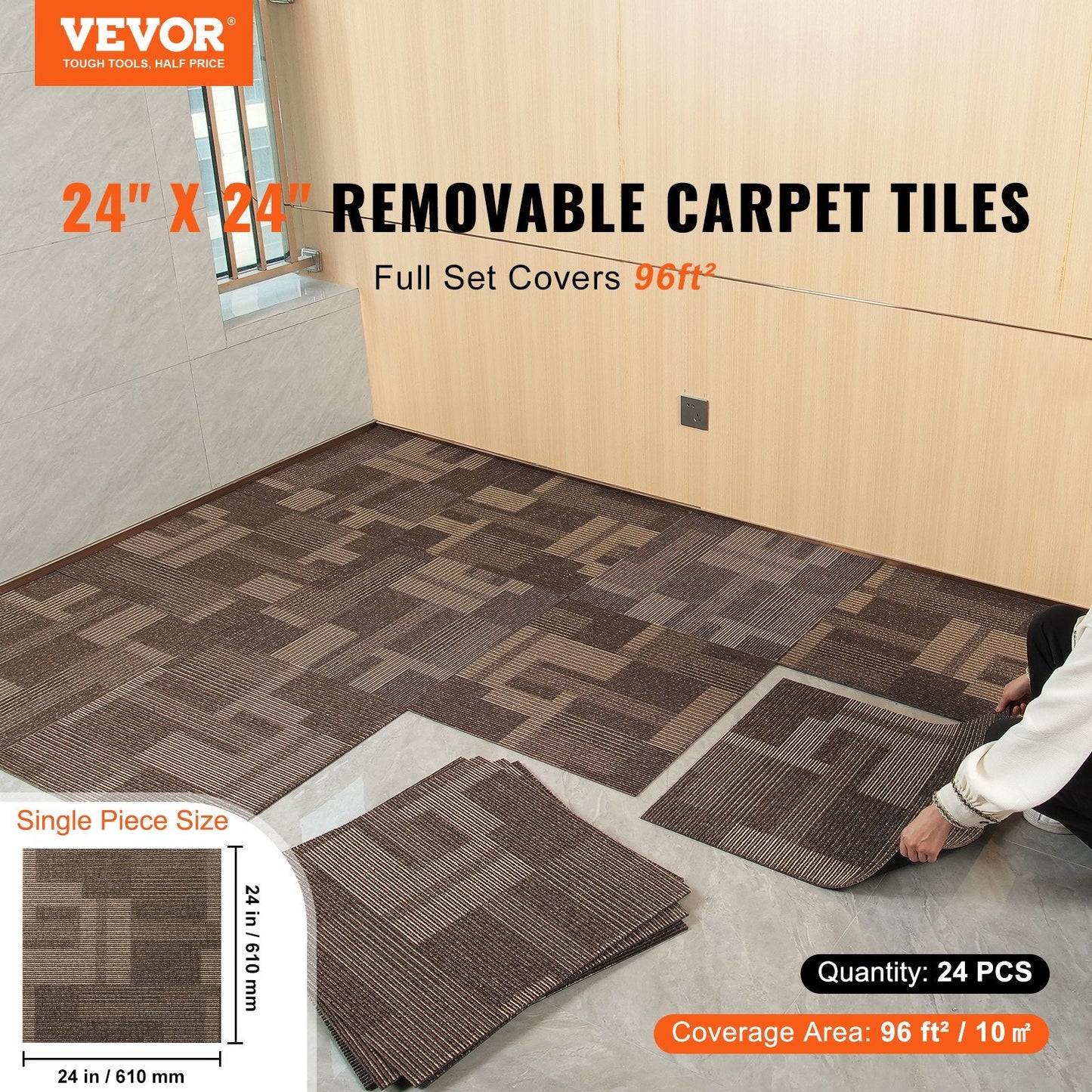 Reusable Carpet Tiles with Padding, 0.61x0.61m, Mixed Brown, 24 Pieces