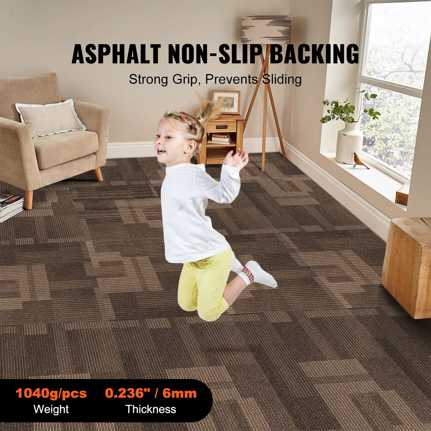 VEVOR Carpet Tiles Reusable, 24"x 24"Carpet Squares With Padding Attached, Soft