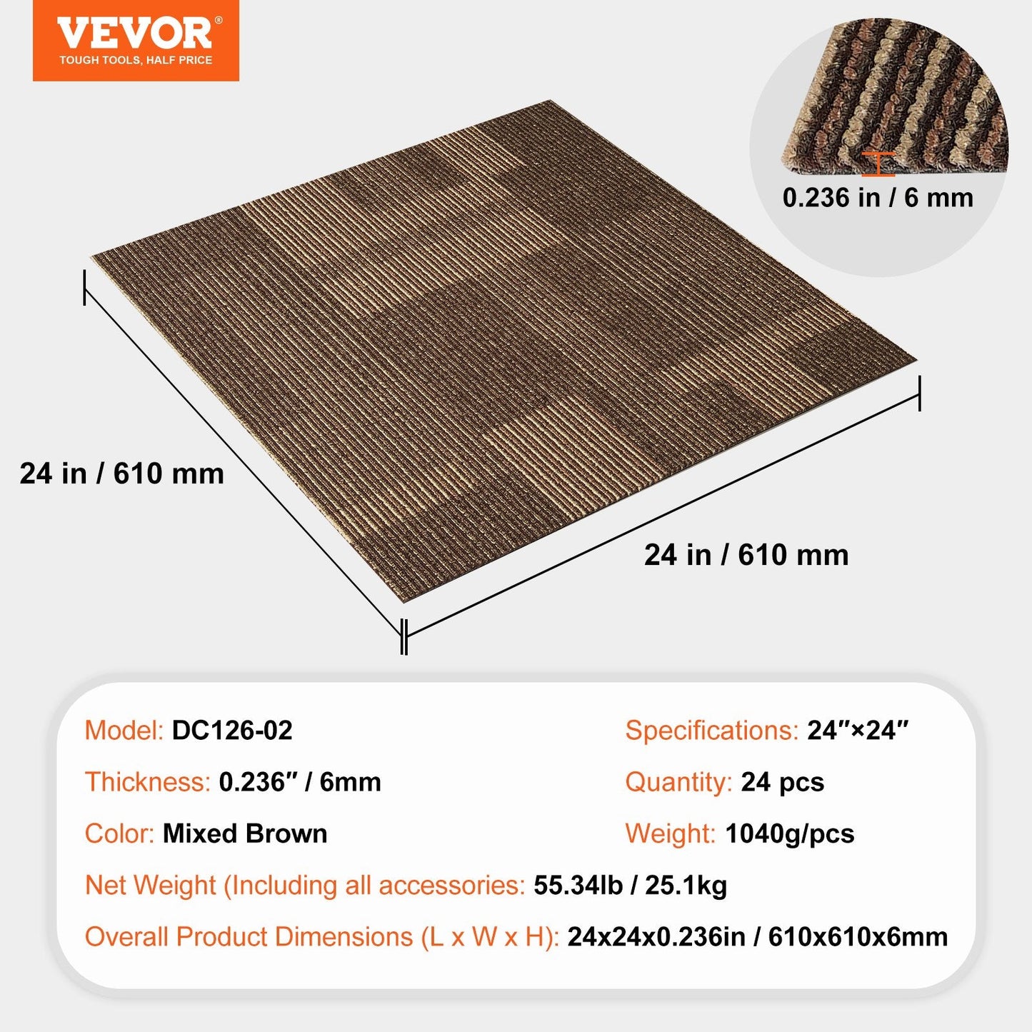 Reusable Carpet Tiles with Padding, 0.61x0.61m, Mixed Brown, 24 Pieces