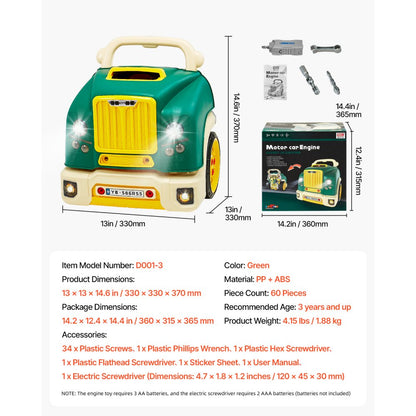 VEVOR Engine Toy Kids Mechanic Car Repair Set with Removable Parts Green