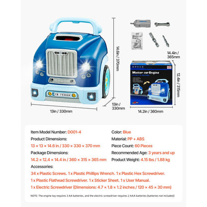 VEVOR Engine Toy Kids Mechanic Car Repair Set with Removable Parts Blue