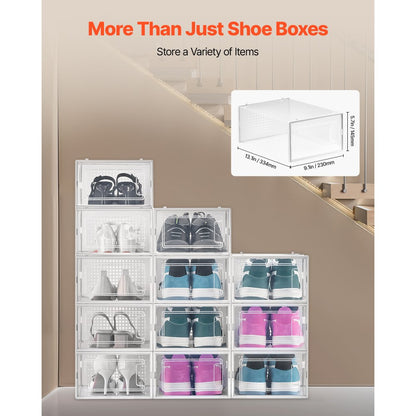 VEVOR Shoe Storage Boxes 12 Pack Stackable Storage Organizers US Size 11 White