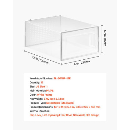 VEVOR Shoe Storage Boxes 12 Pack Stackable Storage Organizers US Size 11 White