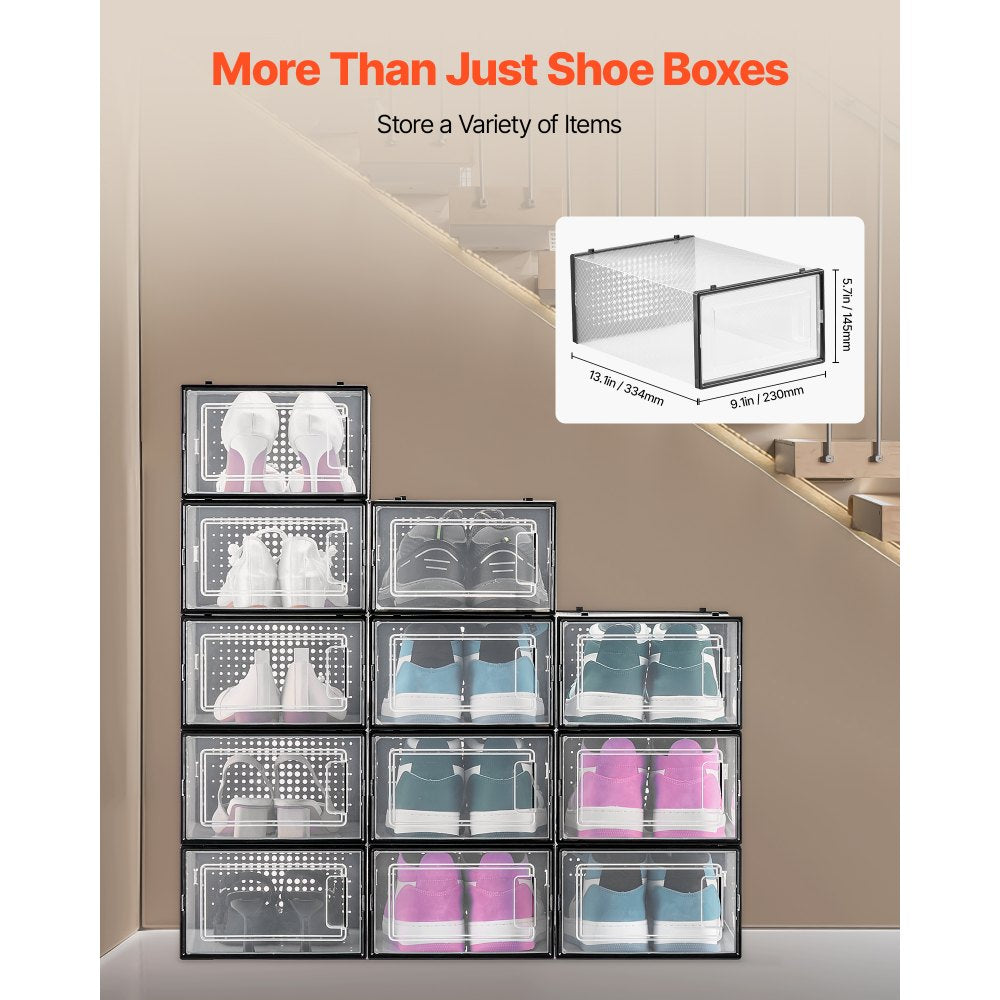 Shoe Storage Boxes 12 Pack Stackable Storage Organizers US Size 11 Black