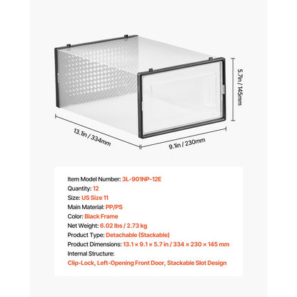 Shoe Storage Boxes 12 Pack Stackable Storage Organizers US Size 11 Black