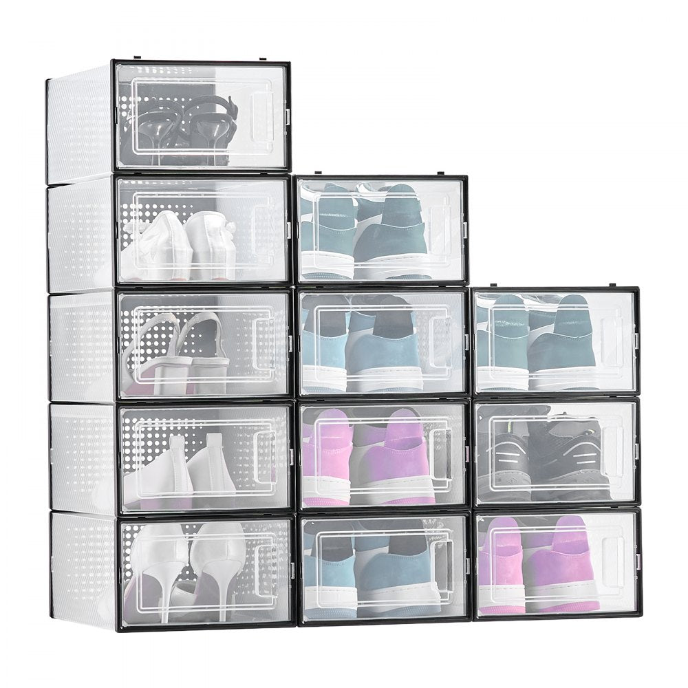 Shoe Storage Boxes 12 Pack Stackable Storage Organizers US Size 11 Black