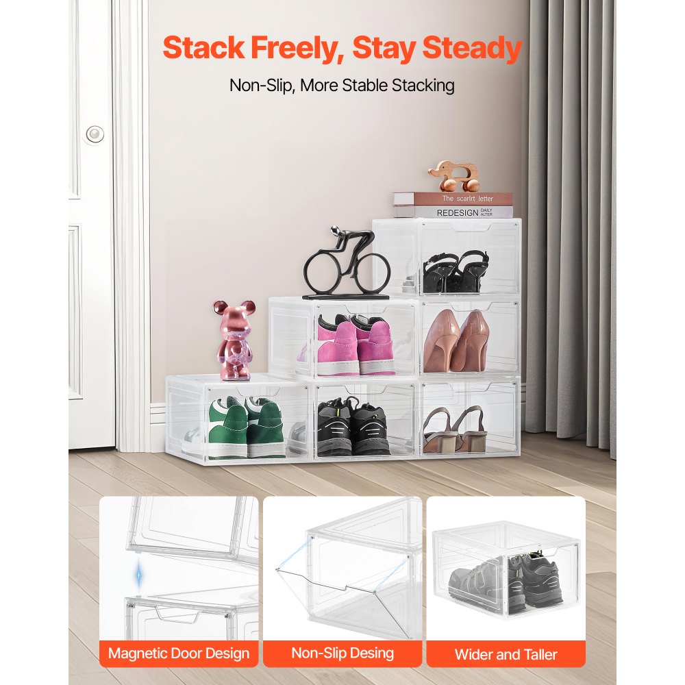 VEVOR Shoe Storage Boxes 6PCS Stackable Shoe Boxes US Size 13 Transparent White
