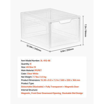 VEVOR Shoe Storage Boxes 6PCS Stackable Shoe Boxes US Size 13 Transparent White