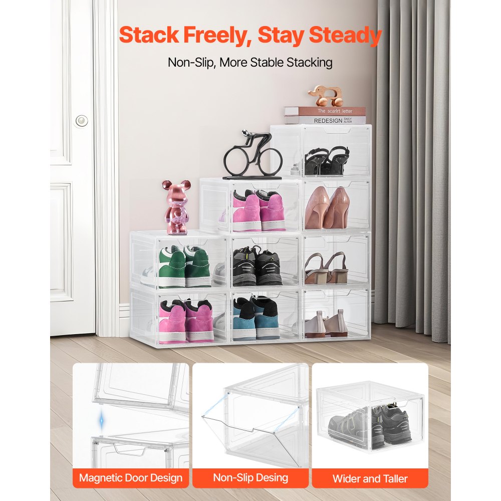 VEVOR Shoe Storage Boxes 9PCS Stackable Shoe Boxes US Size 13 Transparent White