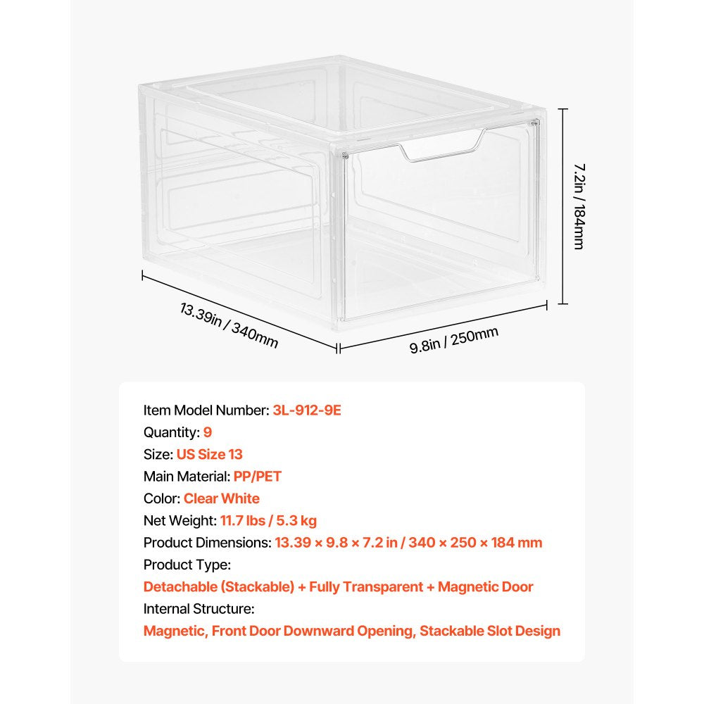 VEVOR Shoe Storage Boxes 9PCS Stackable Shoe Boxes US Size 13 Transparent White