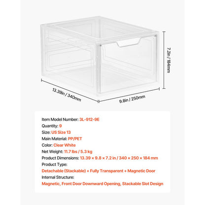 VEVOR Shoe Storage Boxes 9PCS Stackable Shoe Boxes US Size 13 Transparent White