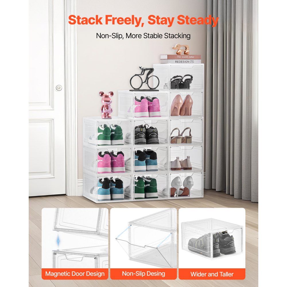 VEVOR Shoe Storage Boxes 12PCS Stackable Shoe Boxes US Size 13 Transparent White