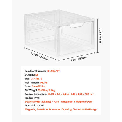 VEVOR Shoe Storage Boxes 12PCS Stackable Shoe Boxes US Size 13 Transparent White