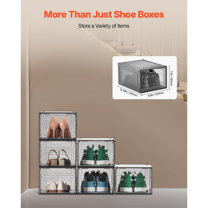 Shoe Storage Boxes 6PCS Stackable Shoe Boxes US Size 13 Transparent Black
