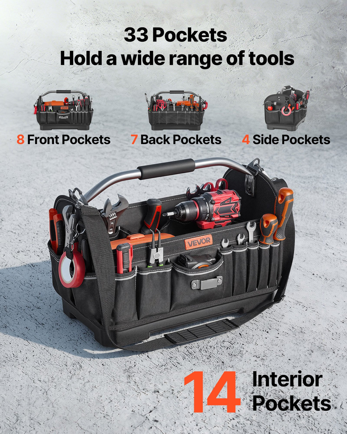 Tool Bag, 410 MM, 33-Pocket Open Top Tool Tote, Portable Electrical Maintenance Toolbox Organizer Storage with Hard Plastic Base, Adjustable Shoulder Strap, for Professionals DIY & Jobsite