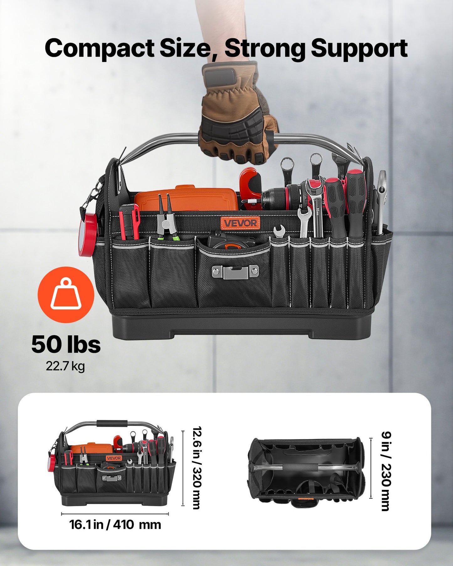 Tool Bag, 410 MM, 33-Pocket Open Top Tool Tote, Portable Electrical Maintenance Toolbox Organizer Storage with Hard Plastic Base, Adjustable Shoulder Strap, for Professionals DIY & Jobsite