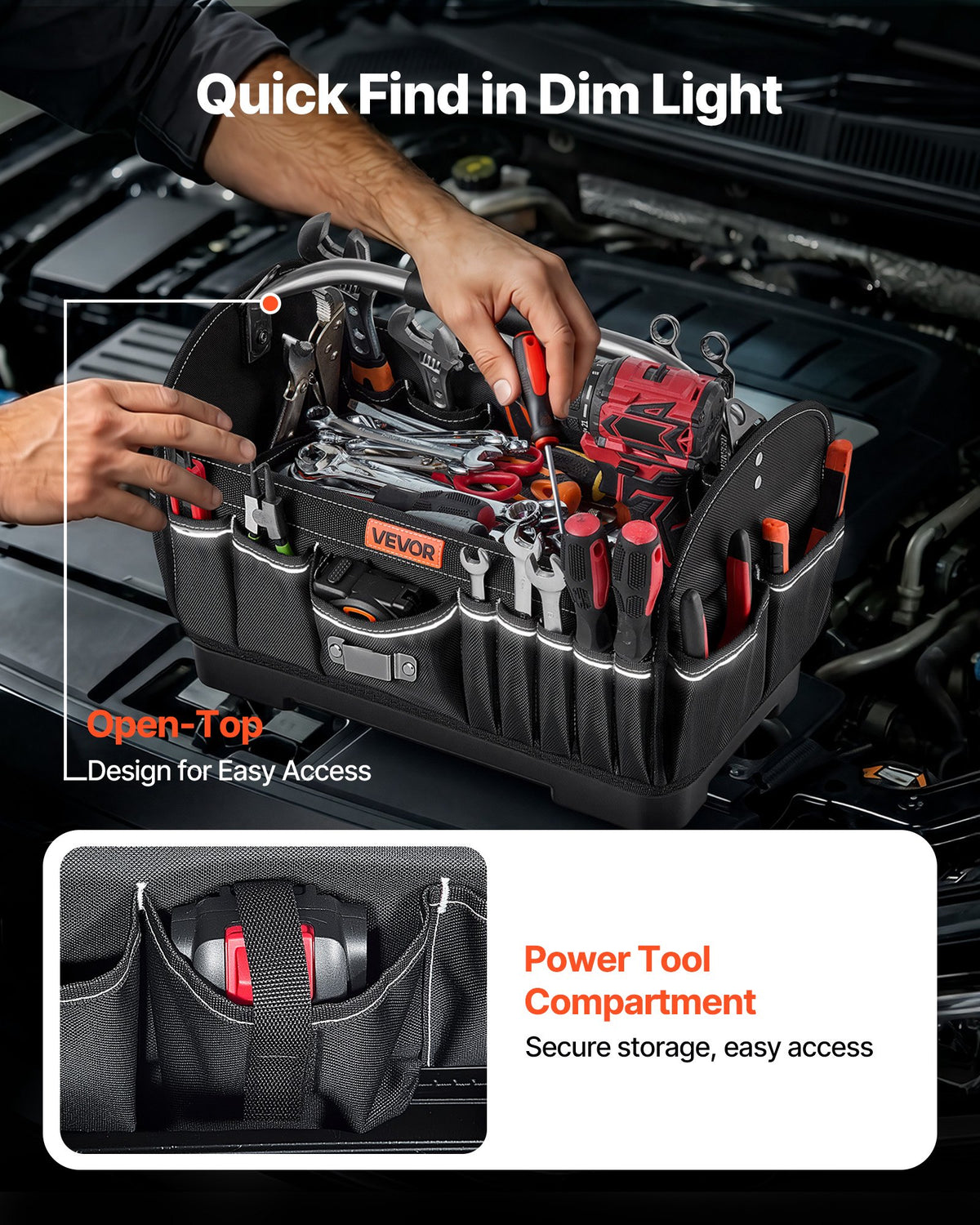 Tool Bag, 410 MM, 33-Pocket Open Top Tool Tote, Portable Electrical Maintenance Toolbox Organizer Storage with Hard Plastic Base, Adjustable Shoulder Strap, for Professionals DIY & Jobsite