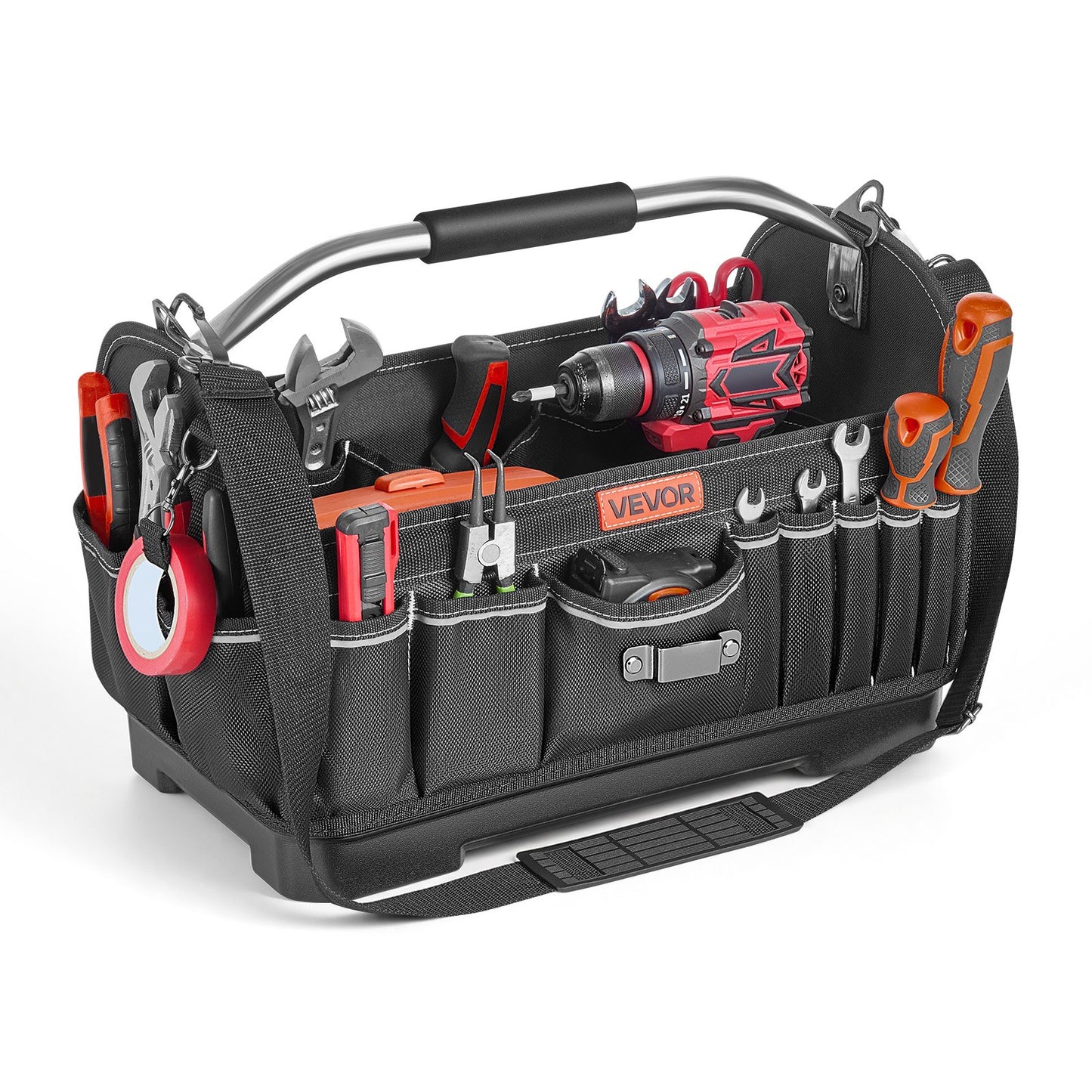 Tool Bag, 410 MM, 33-Pocket Open Top Tool Tote, Portable Electrical Maintenance Toolbox Organizer Storage with Hard Plastic Base, Adjustable Shoulder Strap, for Professionals DIY & Jobsite