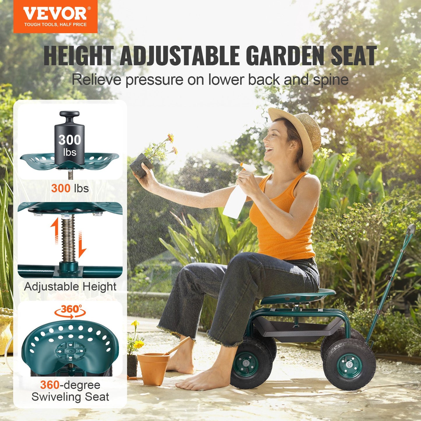 VEVOR Garden Cart Rolling Workseat with Wheels, Gardening Stool for Planting, 360