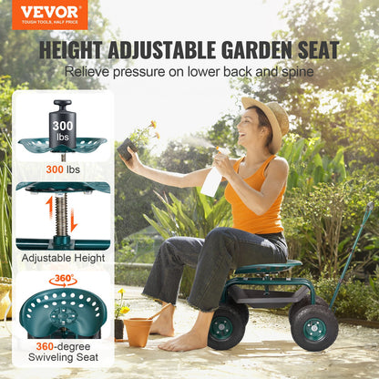 VEVOR Garden Cart Rolling Workseat with Wheels, Gardening Stool for Planting, 360