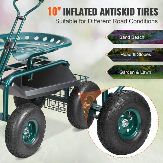 Garden Cart with Swivel Seat, Adjustable Height & Tool Tray, 136 kg Capacity