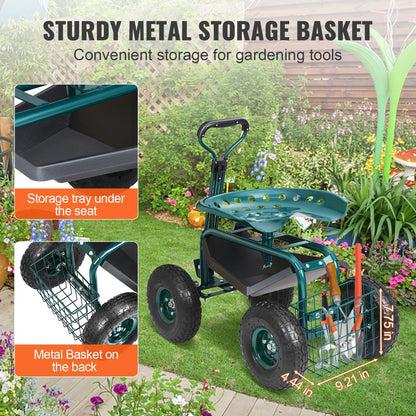 Garden Cart with Swivel Seat, Adjustable Height & Tool Tray, 136 kg Capacity