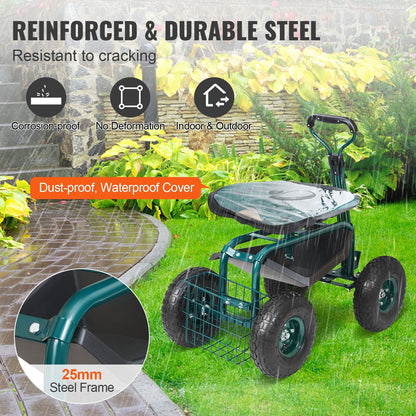 Garden Cart with Swivel Seat, Adjustable Height & Tool Tray, 136 kg Capacity
