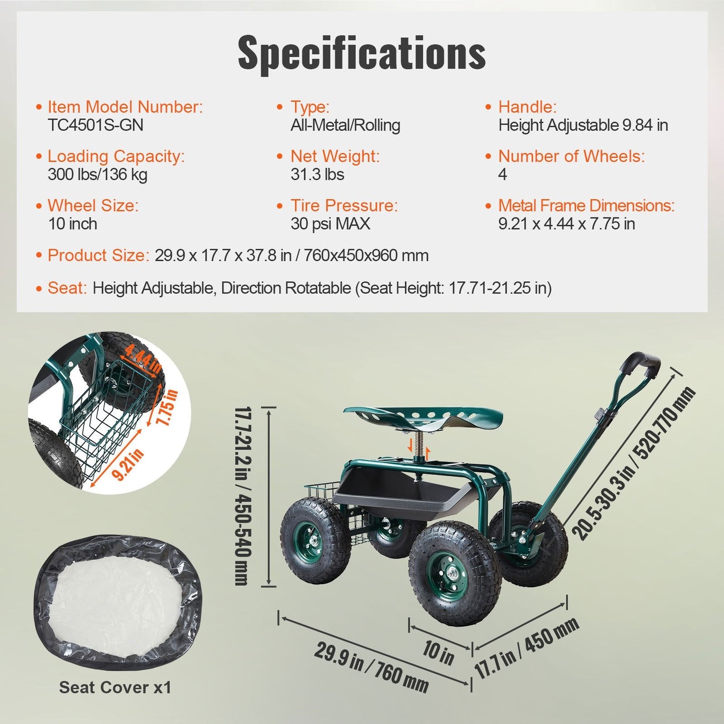 Garden Cart with Swivel Seat, Adjustable Height & Tool Tray, 136 kg Capacity