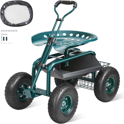 Garden Cart with Swivel Seat, Adjustable Height & Tool Tray, 136 kg Capacity