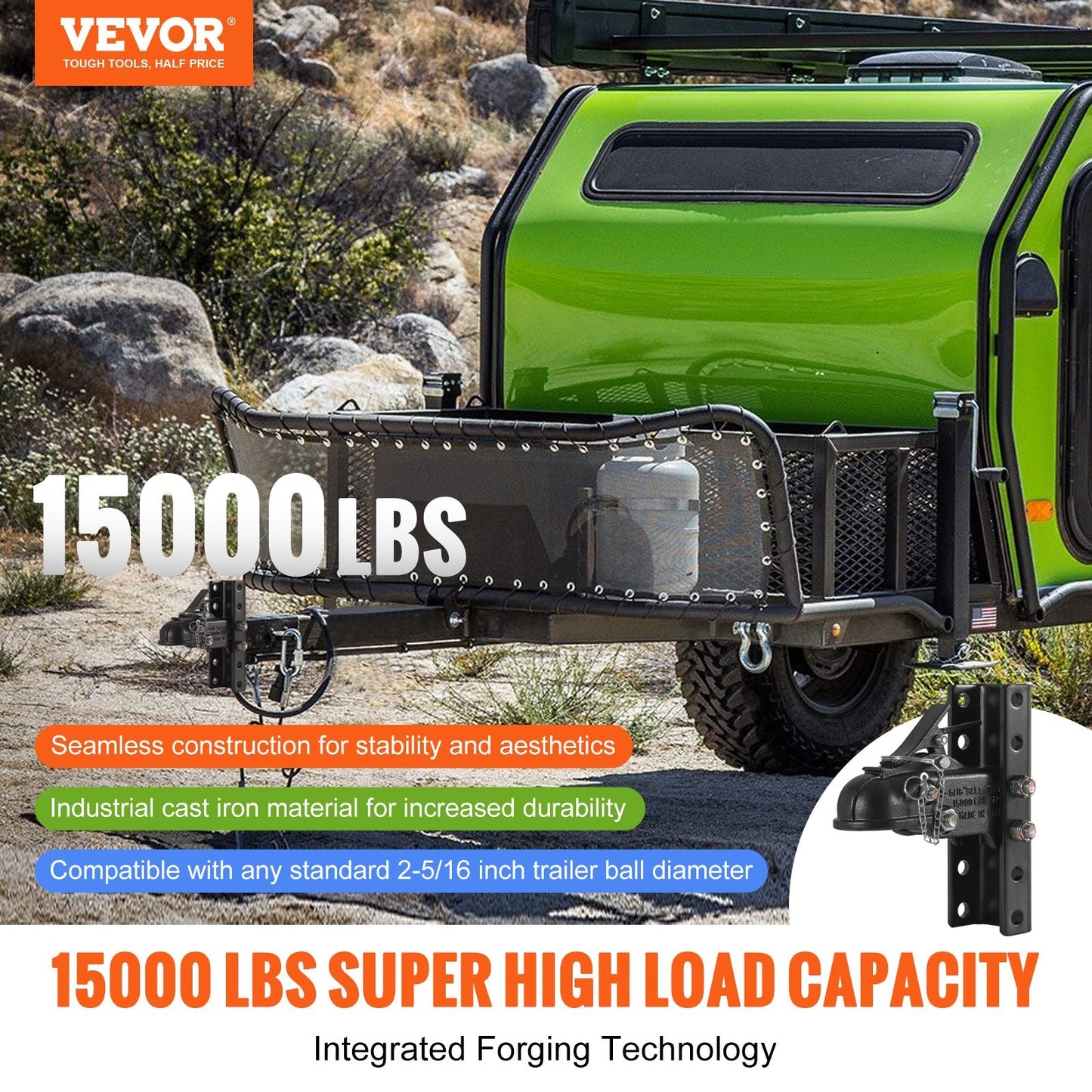 Adjustable Trailer Coupler Kit, 58 mm Hitch, 6804 kg Capacity, Heavy Duty Mount