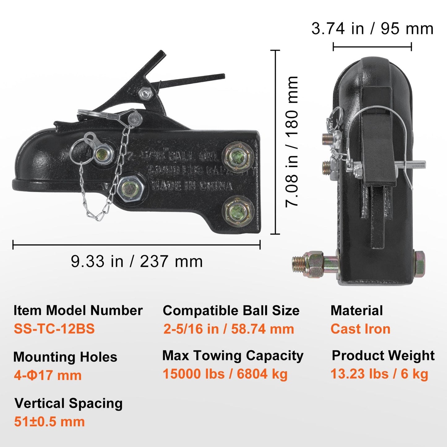 Adjustable Trailer Coupler with 58.74 mm Ball, 6,804 kg Capacity, Heavy Duty