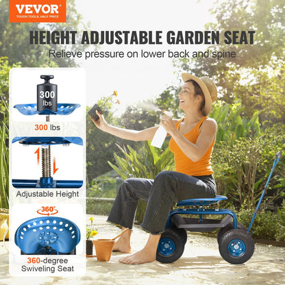Adjustable Rolling Garden Cart with Seat, Steering Handle, and Storage, Blue